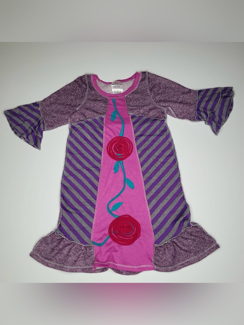 Freckles + Kitty Girls Purple Striped Ruffle Dress Size 8 Floral Rosette